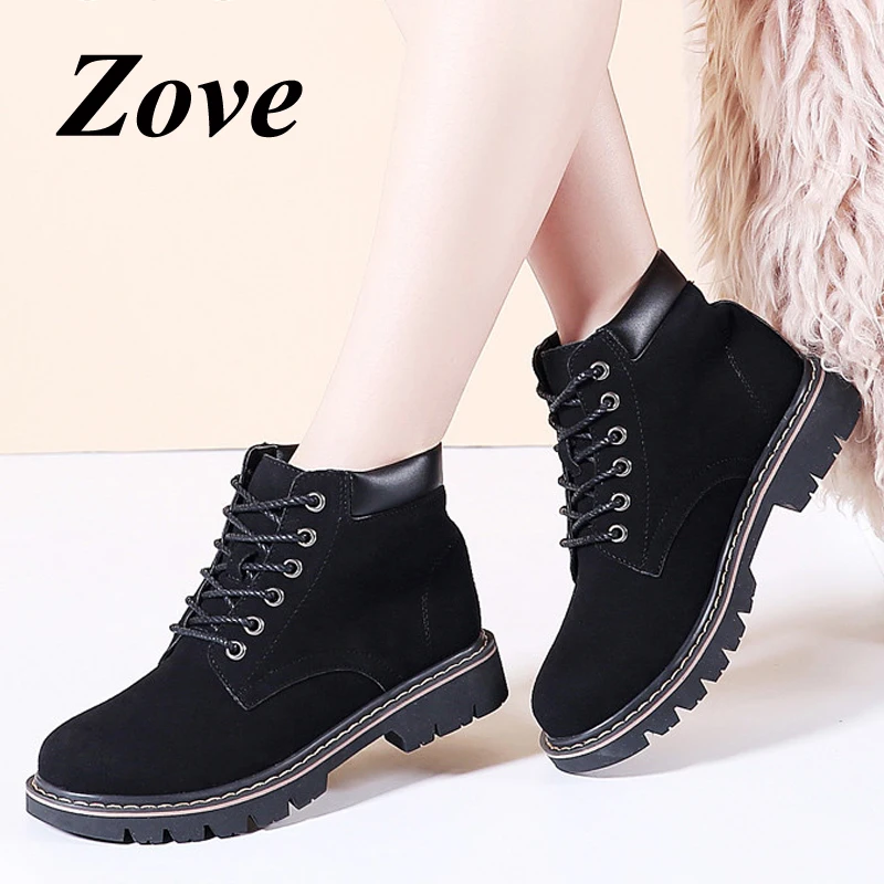 

ZOVE Women Boots 2019 Spring Elegant Chic Lace Up Suede Mid-calf Booties Ladies Square Heel Round Toe Black Motorcycle Boots