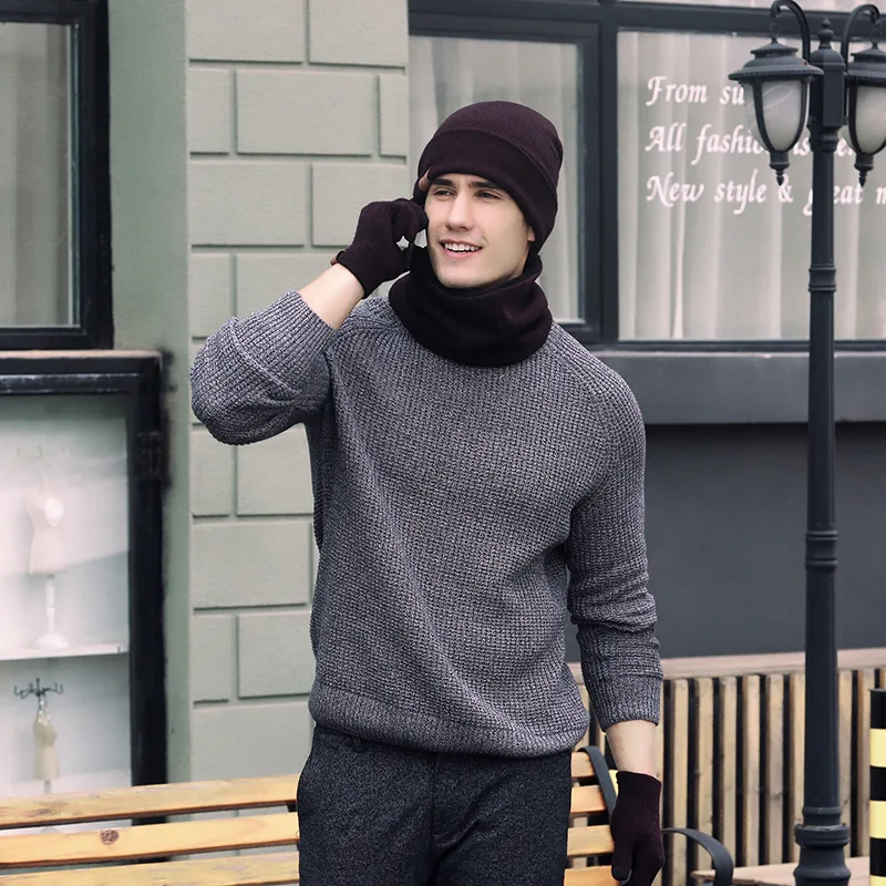 Новая мода зима утолщение теплый человек вязаные шапки наборы шарфов из 3 частей перчатки шляпа и шарф