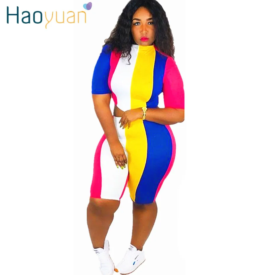 

HAOYUAN Striped Sexy Two Piece Set Tracksuit Women Crop Tops and Biker Shorts Sweat Suits 2 Pcs Matching Sets Summer Outfits