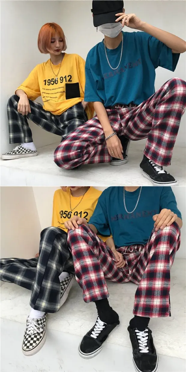 YouGeMan Pantalon Femme женские весенне-летние корейские Ulzzang Harajuku прямые клетчатые брюки с завязками женские черные брюки