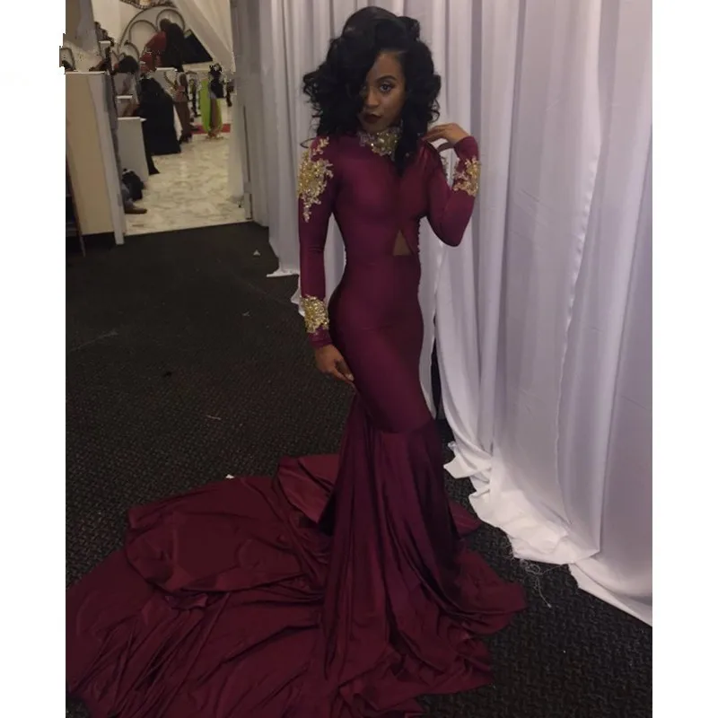 African Sexy Burgundy Long Sleeve Mermaid Prom Dress 2017 Gold Appliques Chapel Train Skirts High Neck Formal Evening Dresses | Свадьбы и
