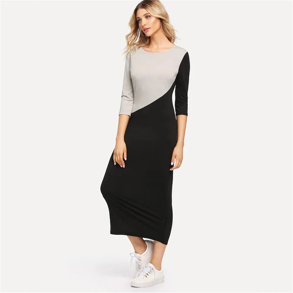 Big Sale Women Casual Dress 2018 Contrast Color Half Sleeve Bodycon Dress Female O Neck Autumn Long Dresses Vestido 10061# (3)