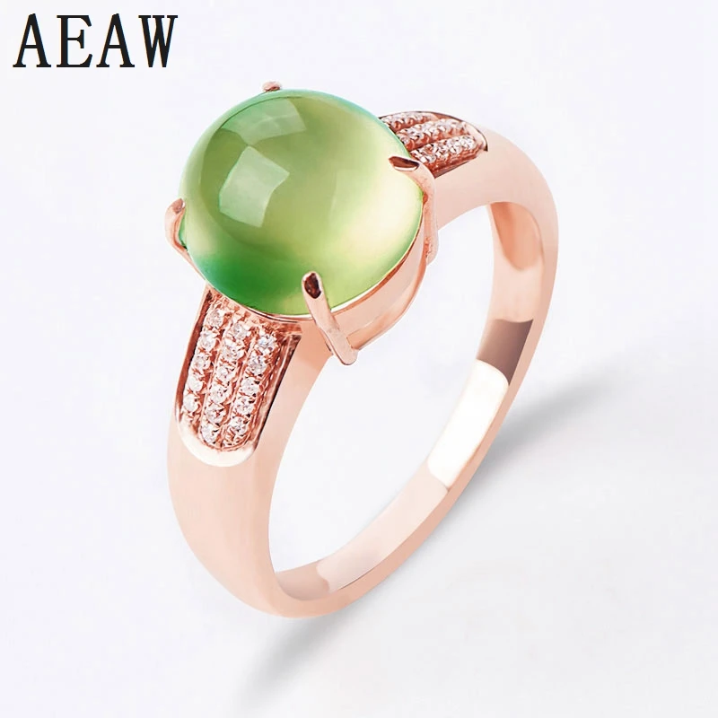 

8.0mm Round Shape Natural Prehnite Ring Set with Moissanite Solid Real 14k Rose Gold Fine Jewelry for Women Prong Setting
