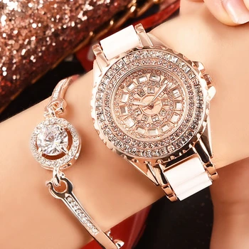 

Ladies Watches Crystal Shinning Full Diamond Dress Quartz Watch Luxury Brand Rhinestone Ceramic Wristwatch Clock For Party