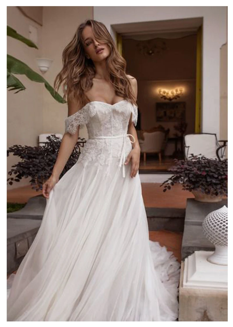 Off The Shoulder Informal Wedding Dress Floor Length Lace Bride