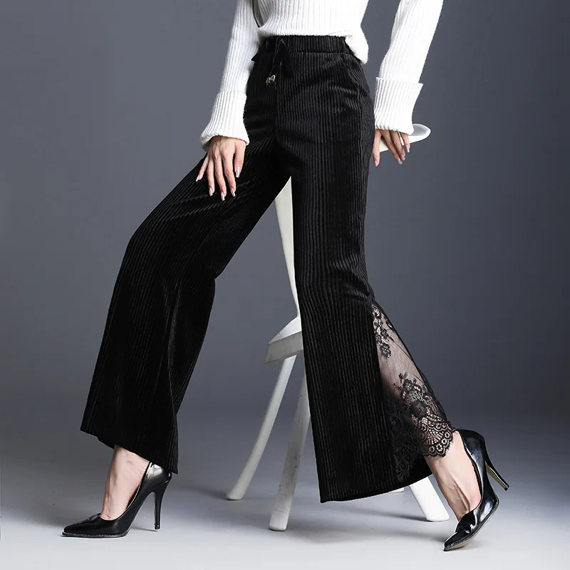 Pierna Mujer Las Mujeres Cintura Negro Moda Pantalones Empalme Terciopelo Black Casual Encaje Calidad Alta Altura De Largos La Ancha WqHzFxw7Y