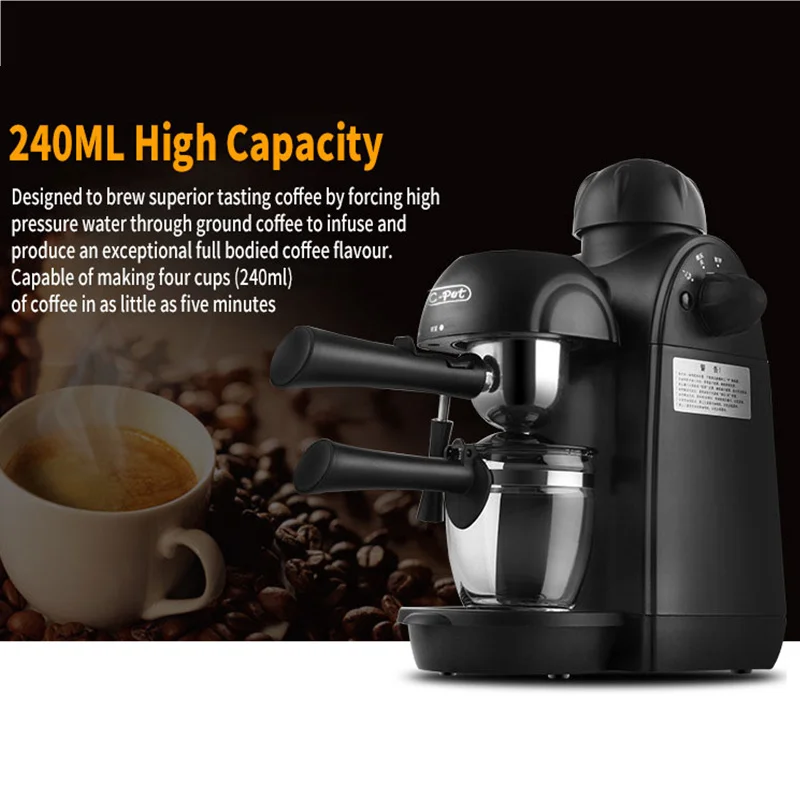 

240ml Semi-Automatic Italian Espresso Coffee Maker 220V 800W 5 Bar Pressure Personal Coffee Machine with Cappuccino Milk Foamer