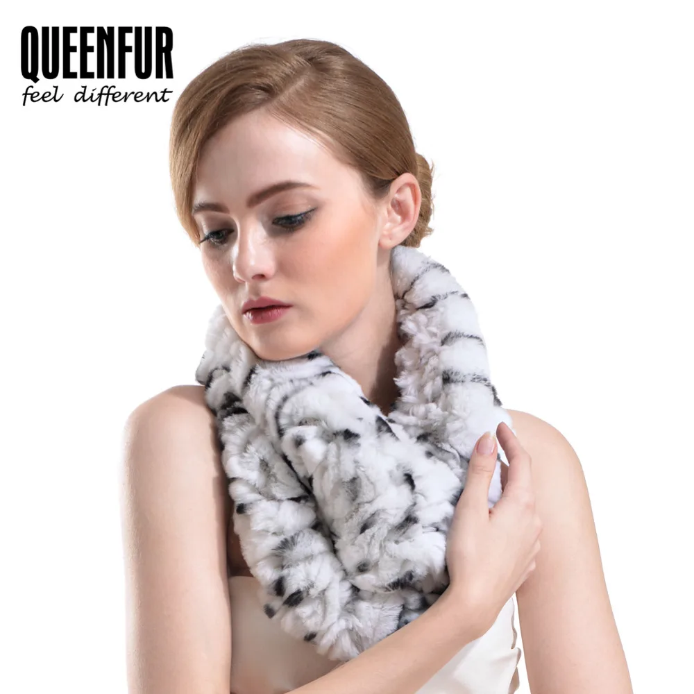 QUEENFUR Real Knitted Rex Rabbit Fur Scarves Winter Warm Natural Rabbit