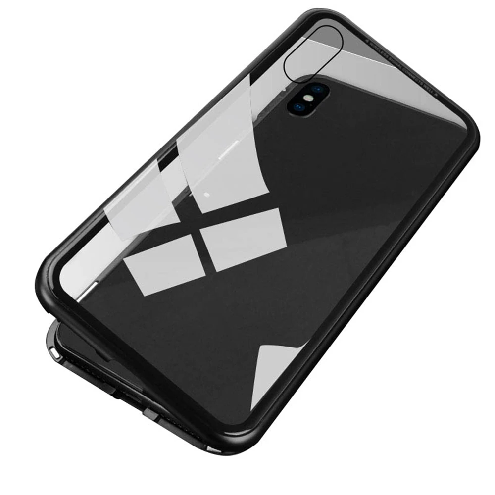 FLOVEME двусторонний стеклянный Магнитный чехол для iPhone XS MAX XR X Роскошный металлический чехол на 360 градусов для iPhone 6S 7 8 Plus - Цвет: Черный