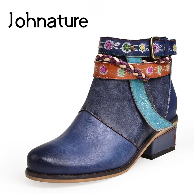 

Johnature Genuine Leather Ankle Boots Zipper Round Toe Square Heel Autumn/Winter Print Mid Heel Handmade Retro Women Shoes
