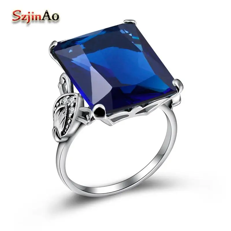 

Szjinao Real 100% 925 Sterling Silver Love Morganite Ring Big Blue Sapphire Finger Rings for Women Vintage Silver Summer Jewelry