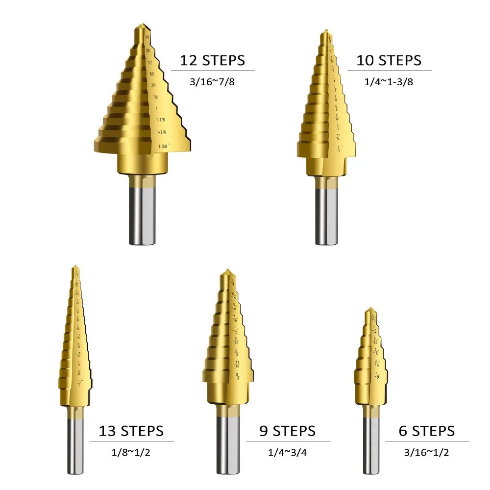 DEKO 6 шт. набор ступенчатых сверл и автоматический центральный удар, высокоскоростные стальные двойные режущие лезвия дизайн с алюминиевым чехол