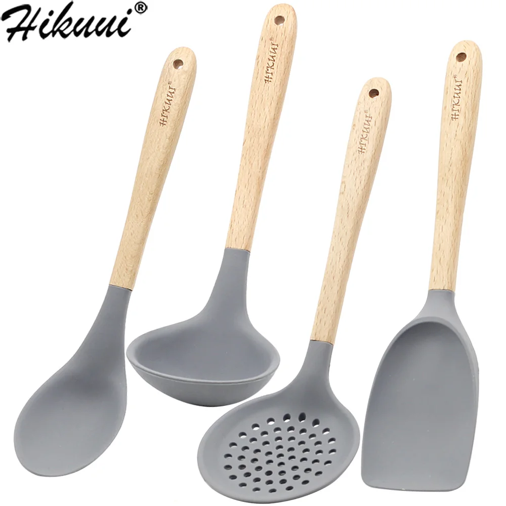 

HIKUUI 4pc Kitchen Utensils Silicone Cooking Tools Wooden Handle Spoon Turner Spatula Ladle Colander Soup Spoon Kitchenware