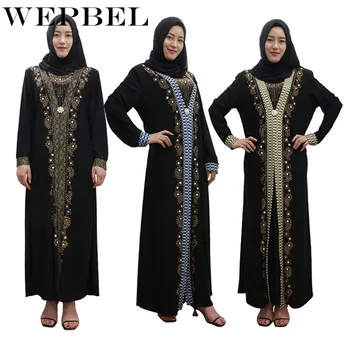 

WEPBEL Women Lady Dress Muslim Abaya Arabic Islamic Rheinstone Long Embroidery Sequins O Neck Summer Polyster Dresses