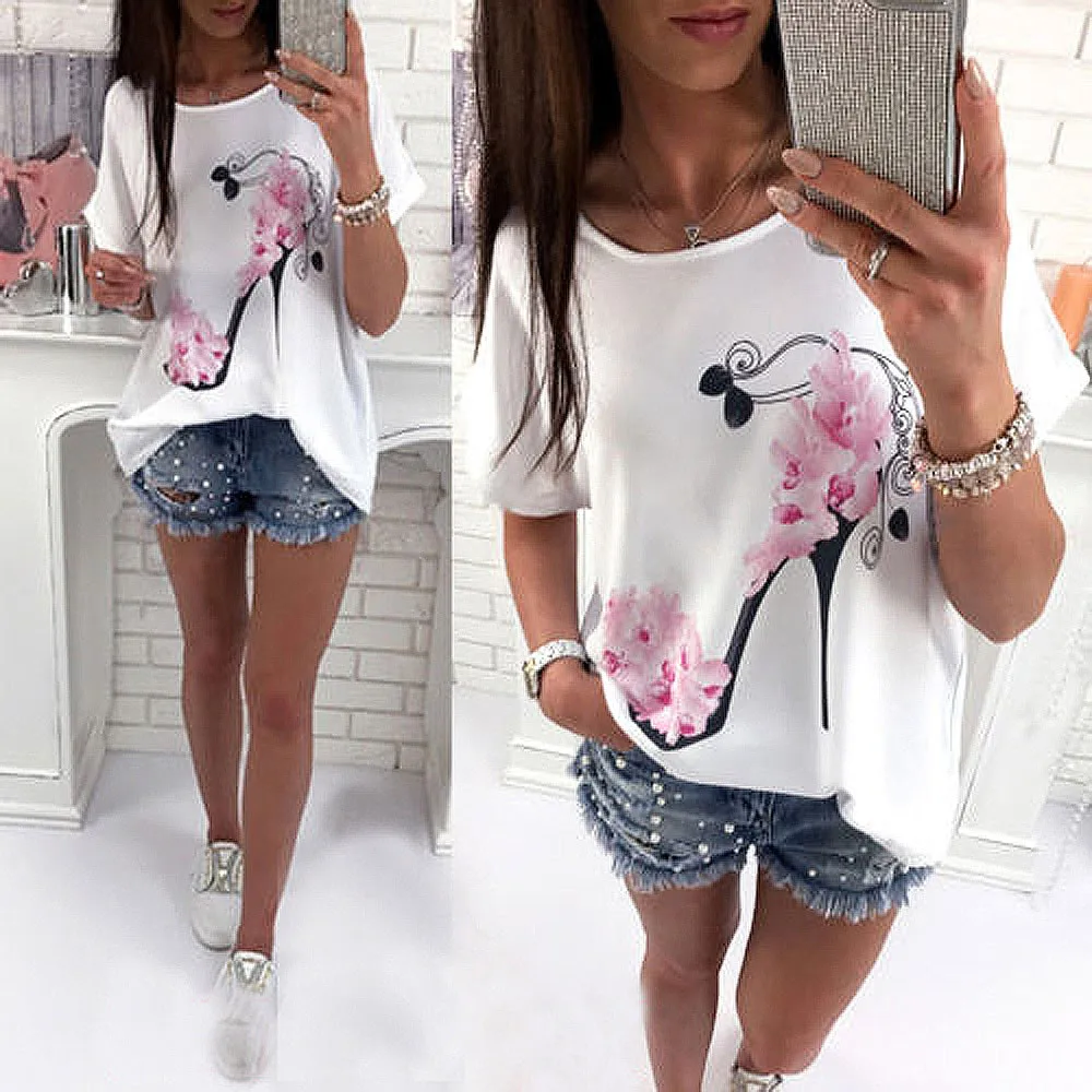 

Women Short Sleeve High Heels Printed Tops Beach Casual Loose Blouse Top Tee Shirt Loose in style Blouses Drop Shipping