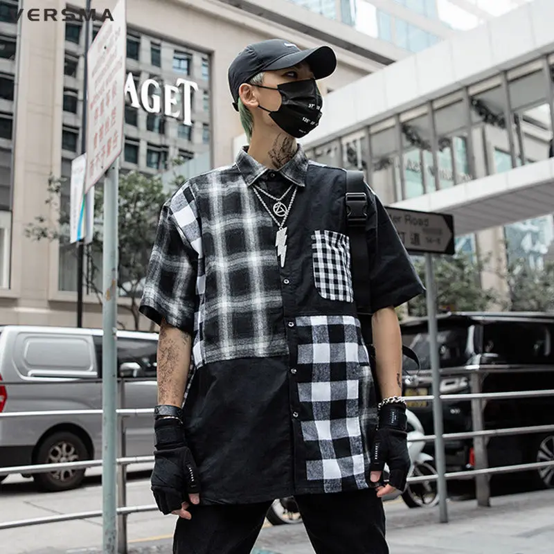 VERSMA японский Харадзюку Instagram винтажные клетчатые Лоскутные рубашки для мужчин High Street Хип Хоп Большие размеры Пара рубашка с коротким рукавом для мужчин