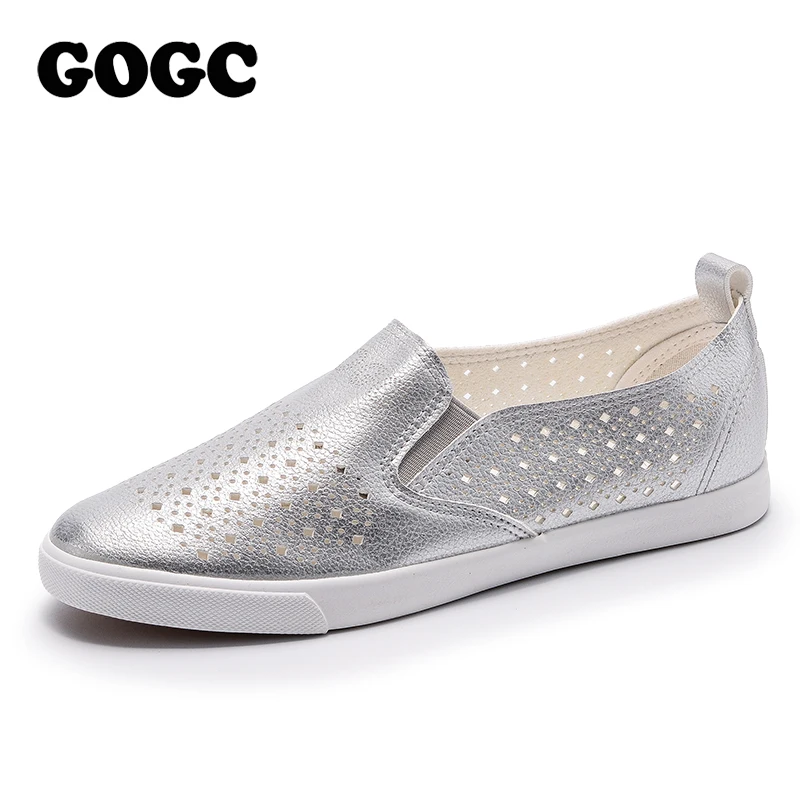 Prix GOGC 2019 Slipony Femmes Trou Chaussures Dames En Cuir Chaussures Respirant Doux Femmes Appartements Chaussures Vulcanisé Slip sur Les Femmes Sneakers