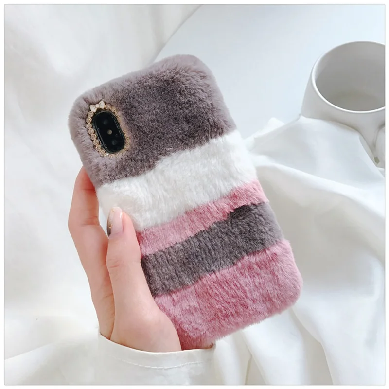 Fluffy Colour Rabbit Fur Case for Huawei honor mate P30 20 10 9 8 lite plus pro Play NOVA 4 3 i plus Diamond Soft Silicon cover