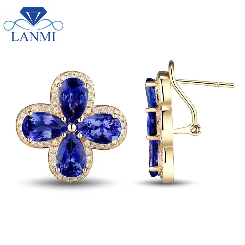 New Clover Tanzanite Earrings Pear 7x9mm Natural Diamond New Clover Tanzanite Earrings Pear 7x9mm Natural Diamond Young 14k Yellow Gold Gemstone Jewelry In From