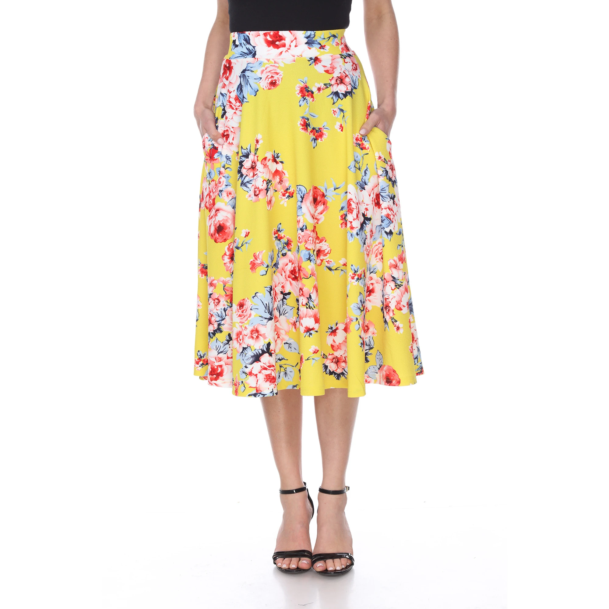 Floral Midi Skirt with Pockets - Yellow