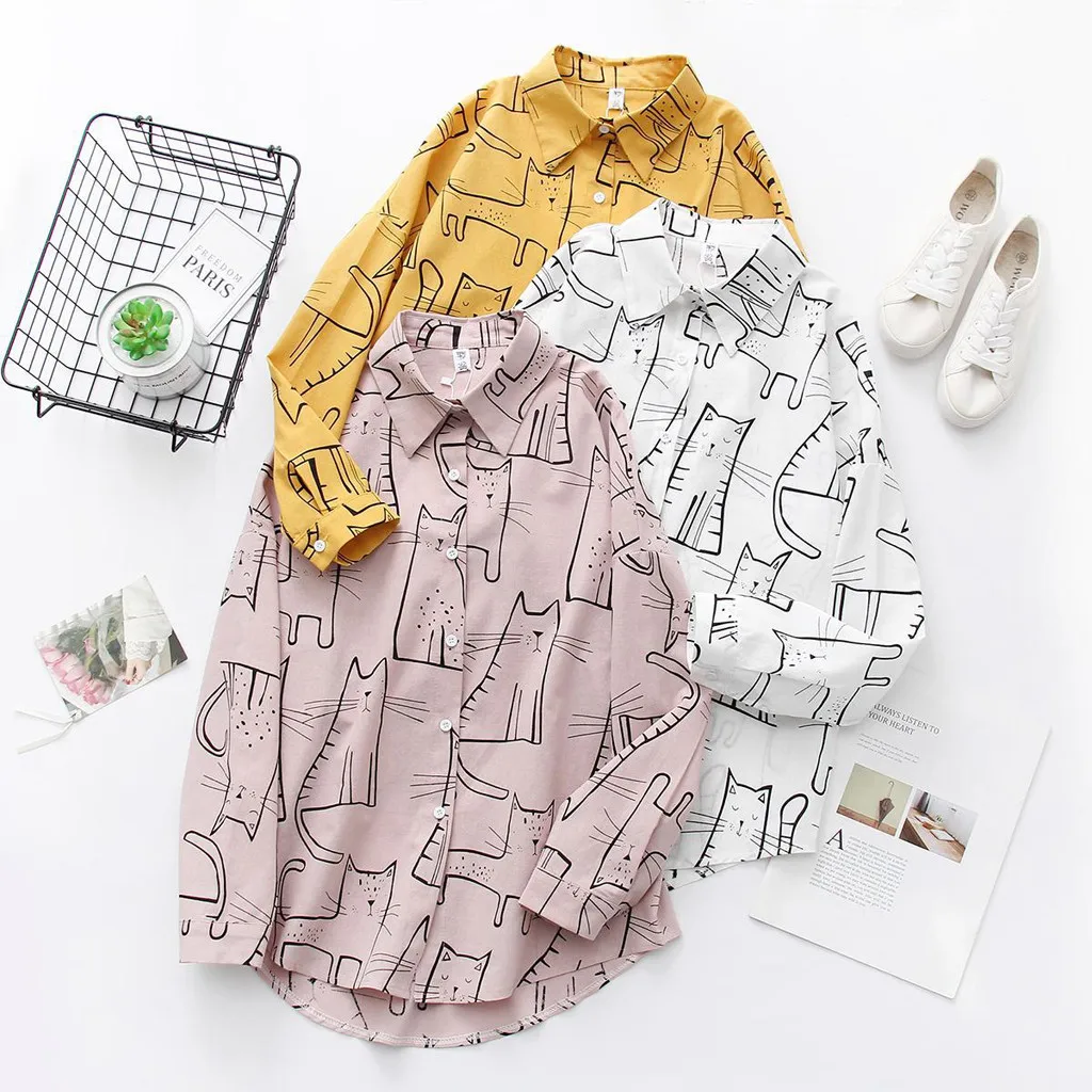 

JAYCOSIN New Women's Blouse Elegant Long-Sleeve Print Fashion Vintage Cat Print Korean Shirt Casual Loose Blouse Jul03
