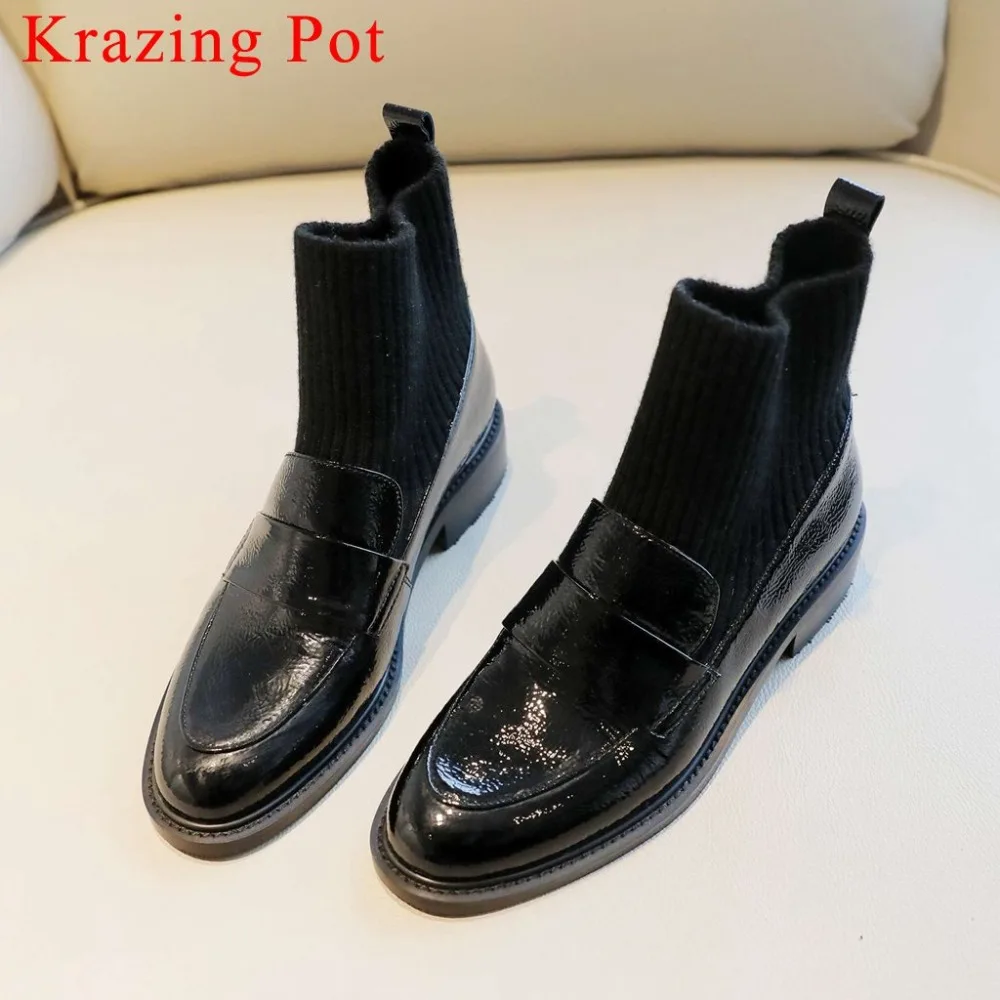 

British school campus slip on round toe cow leather low heels knitting stretch chelsea boots vintage concise casual shoes L34