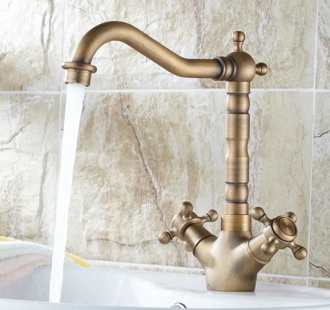 Vintage Retro Antique Brass Dual Cross Handles Bathroom Kitchen Basin Sink Faucet Mixer Tap Swivel Spout Deck Mounted msf090