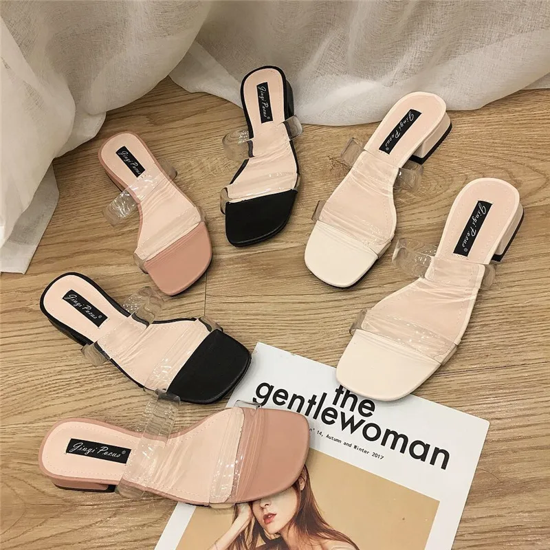 

Shoes Med Women's Slippers 2019 Square heel Ladies Flip Flops Transparent Heel Slides New Flip-flops Sliders Rome Basic Rubber