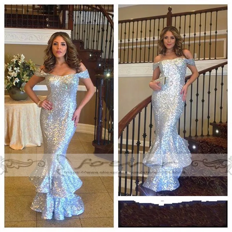 

Mordern Silver Sequin Mermaid Long Evening Dresses 2019 Fashion Boat Neck Tiered Ruffles Formal Party Dress Vestido Longue Abiye