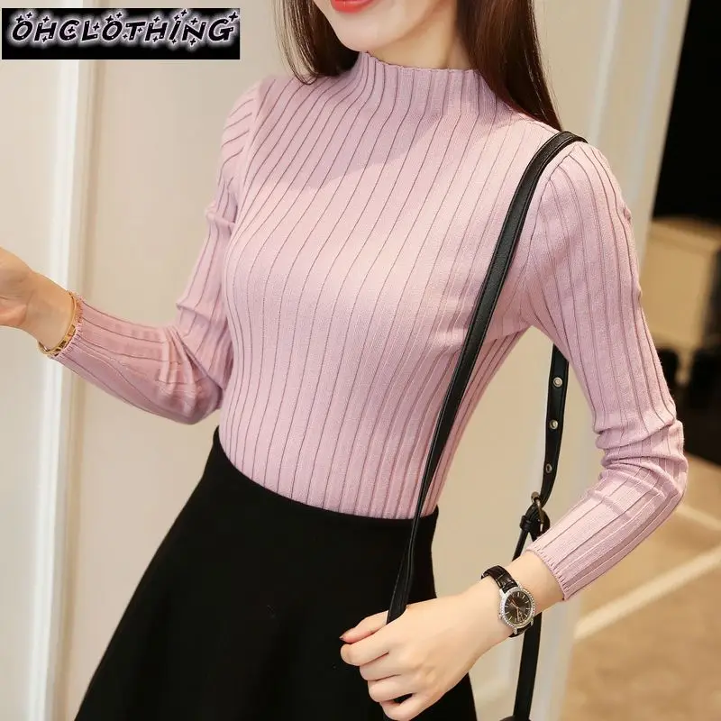 

OHCLOTHING NEW 2017 Knitted Turtleneck Sweater Fashion Autumn High Stretch Striped Pullover Long Sleeve Sweater Women Pull Femme