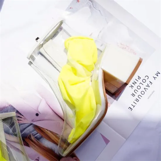 2018 Net Red Shoes Woman PVC Boots Women Ins Hot Transparent Candy Color Sock Ankle Boots Thick High Heel Rain Boots Botas Mujer (25)