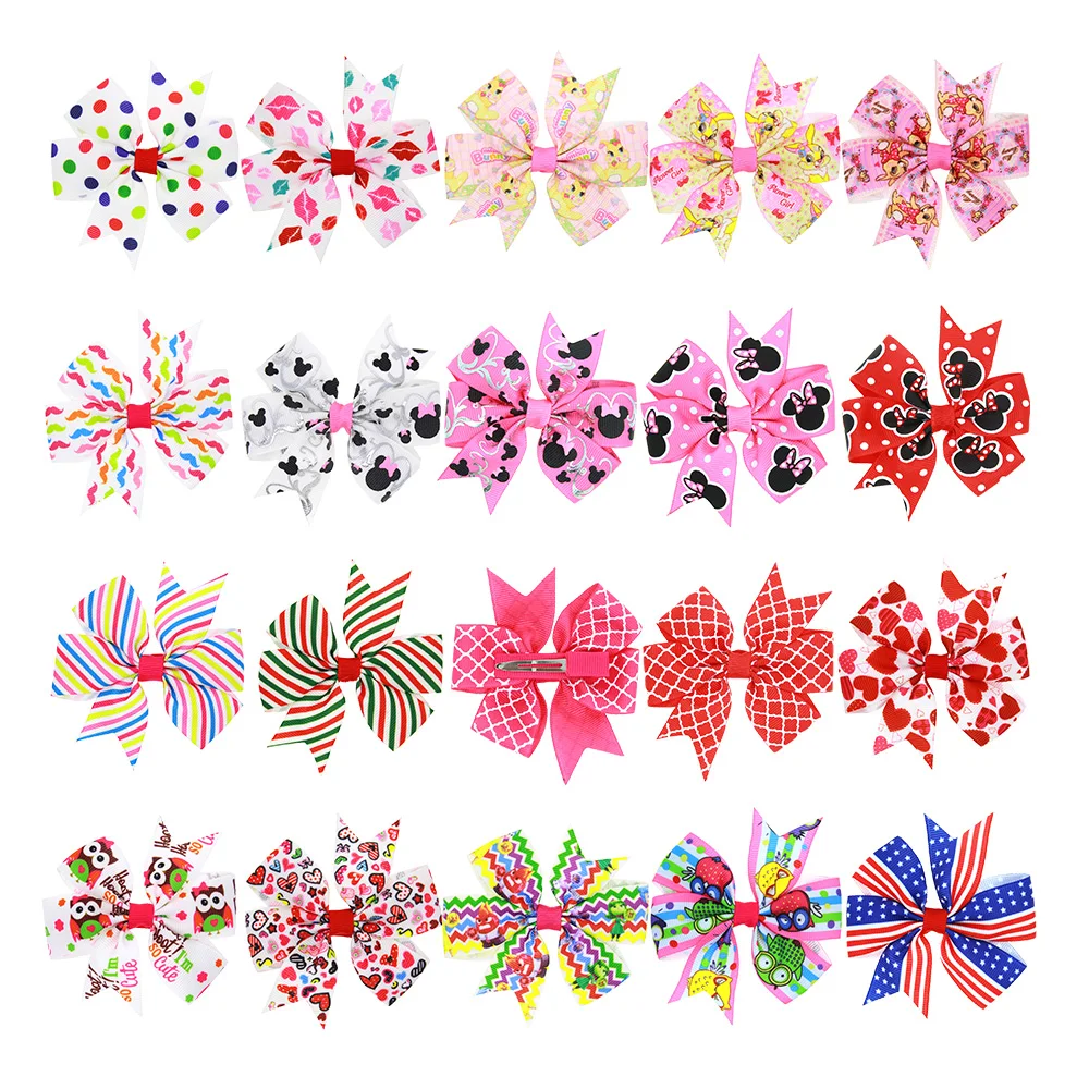 

3.2 Inch Small Kids Hair Bows Cute Cartoon Mouse Bunny Print Grosgrain Ribbon Bow With Lined Clips Princess Hair Accessories