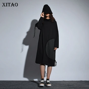 

[XITAO] Autumn 2018 New Korea Casual Women Batwing Sleeve Patchwork Loose Dress Female Knee-Length Turtleneck Dress LJT3809