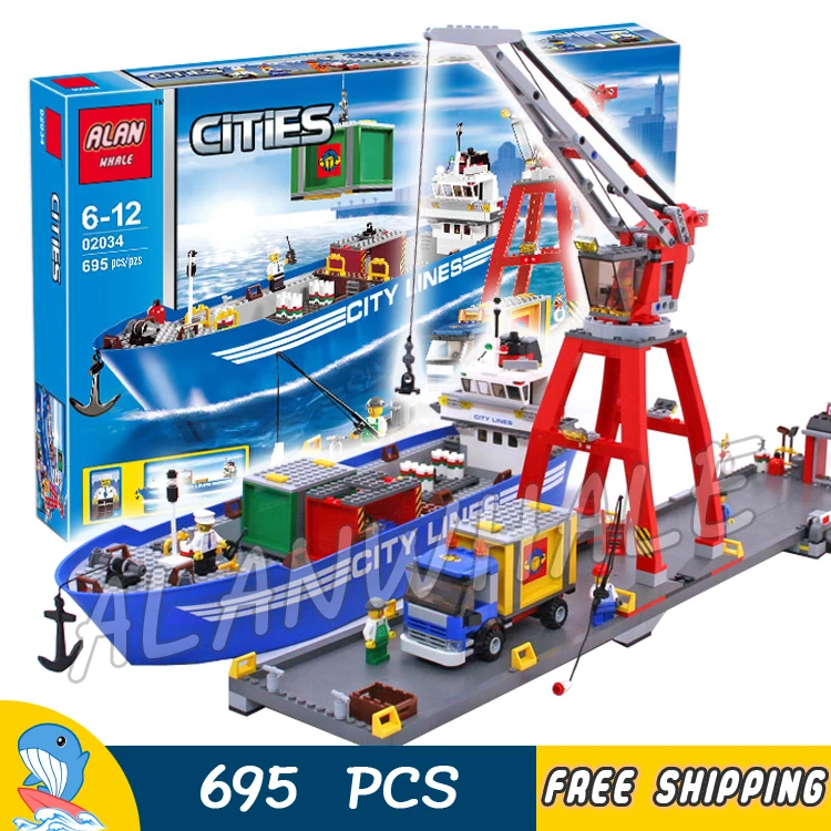 

695pcs City Ultimate Harbour Port Lines Cargo Ship Working Crane 02034 Figure Building Blocks Toys Compatible With LegoING