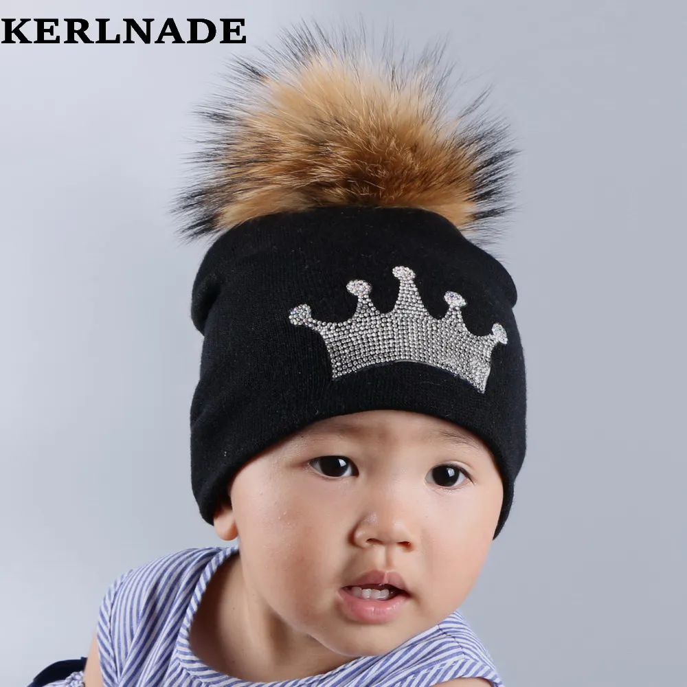 

baby crown beanies mink pompom winter hats children skullies rhinestone cotton fuchsia pink warmer girl boys beauty gorros