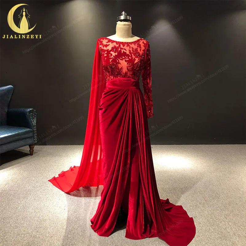 JIALINZEYI, настоящий образец, красное, на одно плечо, с бусинами, Zuhair murad, вечерние платья, вечерние платья