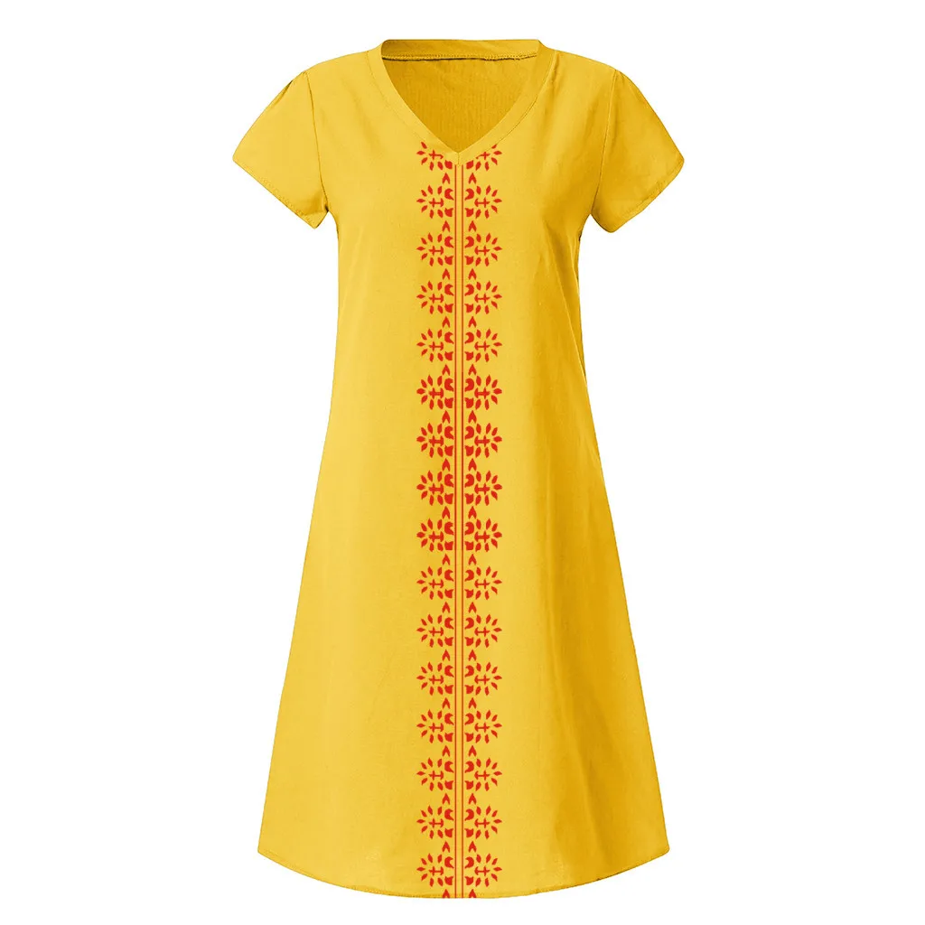 Женское летнее платье с v-образным вырезом из хлопка и льна, повседневные платья размера плюс, модные пляжные платья, вечерние S-5XL платья - Цвет: Yellow