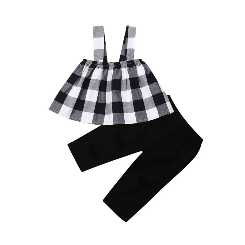 

2019 Summer Girl Clothes 2Pcs Outfits Casual Kids Baby Girl Sets Sleeveless Plaid Slip Vest+Denim Pencil Pants Child Girl Sets
