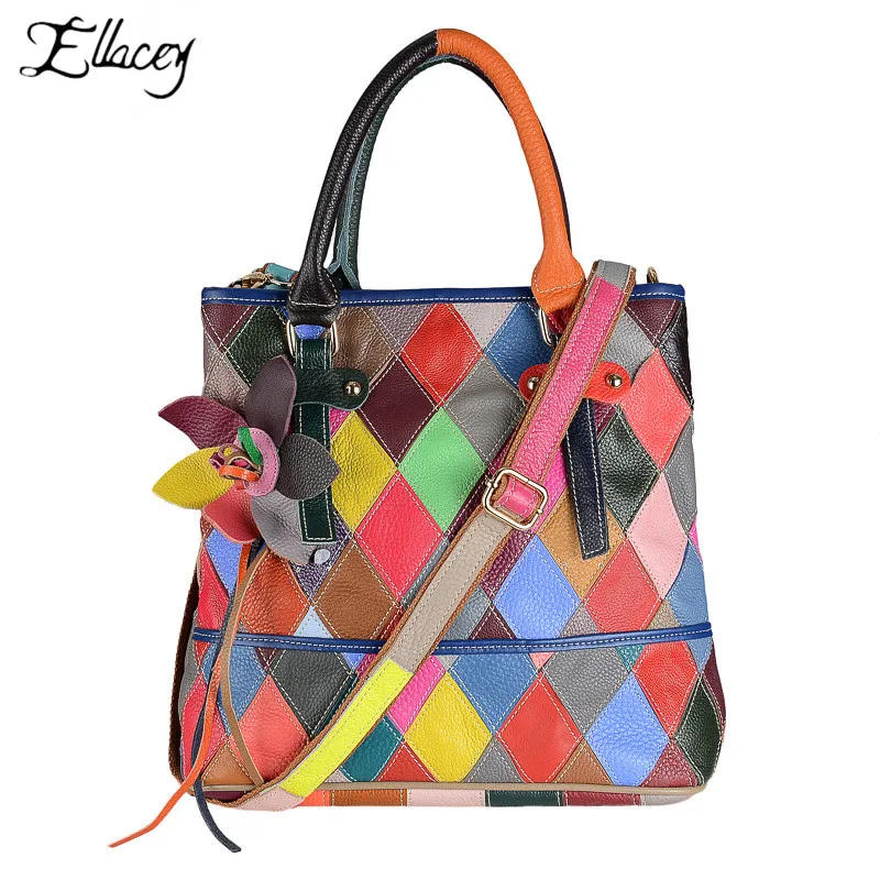 

2019 Fashion Women Genuine Leather Handbags Totes Ladies Trend Personality Panelled Shoulder Bags With Colorful Shoulder Strap