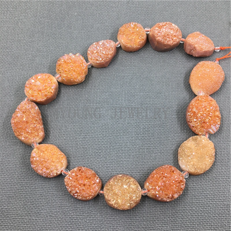 MY1169 Oval Slice Orange Crystal Druzy Titanium plated Beads,Nugget Quartz Hole Beads  (1)