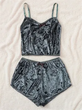 

Fashion Women's Underwear Sexy Sleeveless Lingerie Pajamas Velvet Crop Tops Bralette Panty Sets