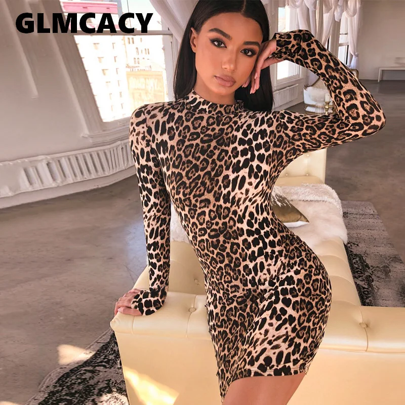 

Women Sexy Leopard Bodycon Dress Female Long-Sleeve Knitted Turtleneck Mini Dress Autumn Winter Elegant Club wear Warm Dresses