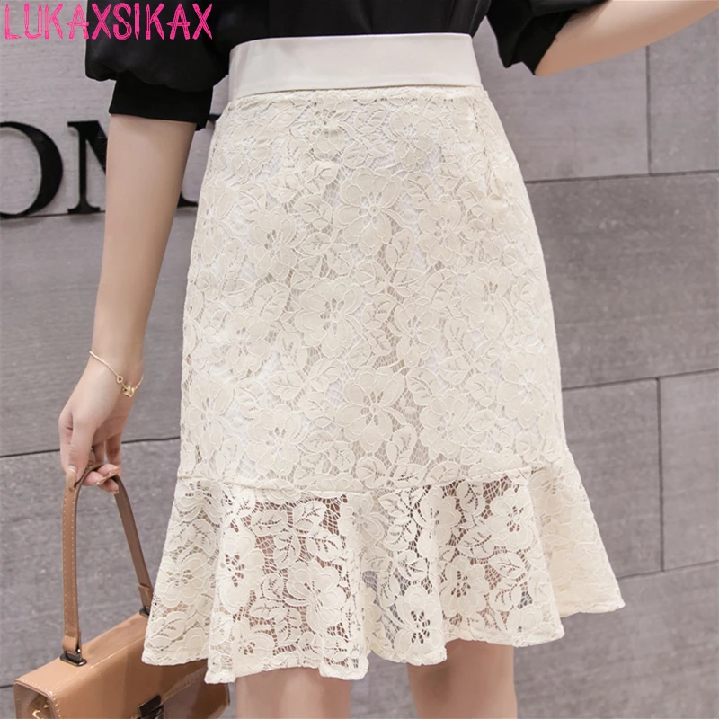 

LUKAXSIKAX Fashion 2019 Summer Women Skirt High Quality Lace Skirt Korean Style Sweet High Waist Mermaid Skirt Streetwear
