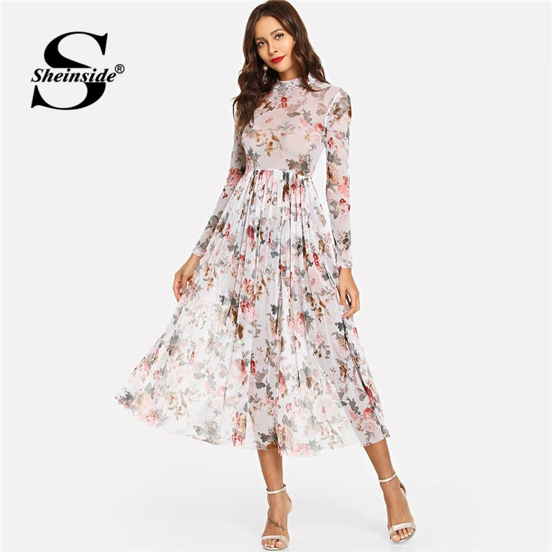 

Sheinside Floral Elegant Sheer Pleated Dress Women Bohemian Fit and Flare Long Dresses 2019 A Line High Waist Beach Dress