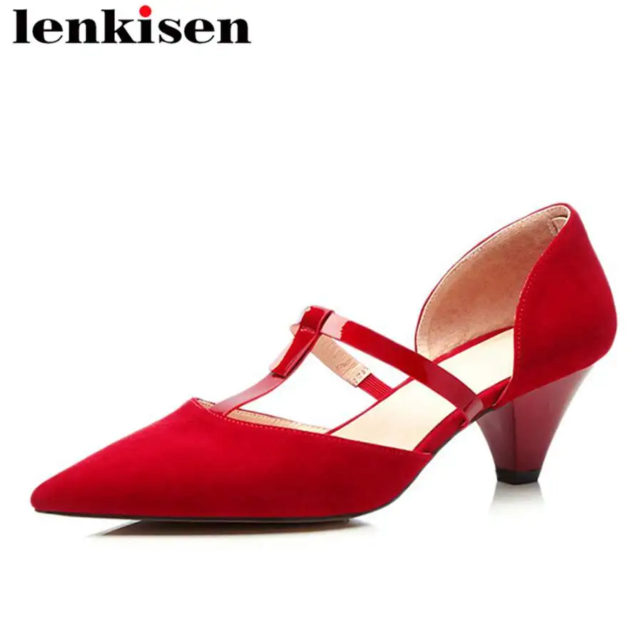 

Lenkisen solid genuine leather high heels slip on cover heels pointed toe Hollywood movie stars engagement women sandals L5f1