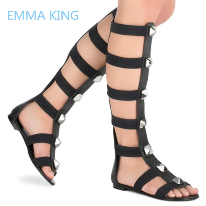 

2019 Women Roman Gladiator Sandals Black Leather Cut-Out Flats Sandals Sexy Rivets Studs Party Shoes Woman Summer Knee High Boot