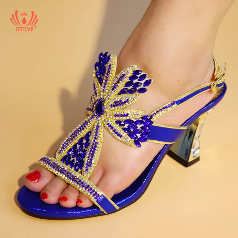 

Newest Royal Blue Italian Lady Sexy High Heels Pumps Decorated with Rhinestones Italian Design African Sandals Shoes for Party