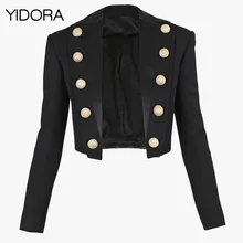 Осень/Зима женский/женский черный вырезанный пэтчворк короткий пиджак топ особенности декольте с двубортной Золотой пуговицей