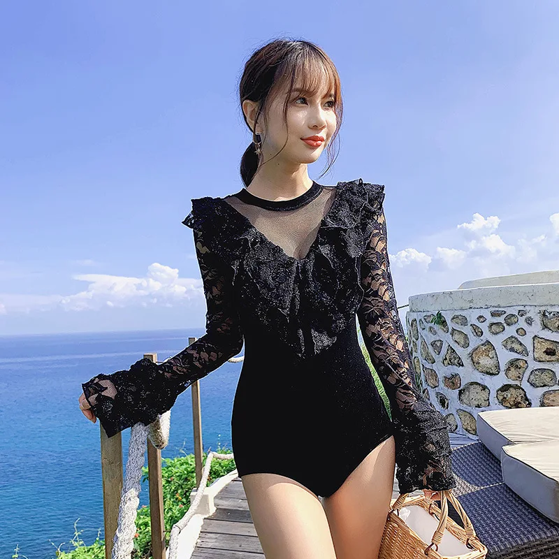 

Women's One Piece Swimsuit Big Size Woman Swimwear One-Piece For Surfing Silk Mesh Long Sleeve Sexy Back Showing Slender Velvet
