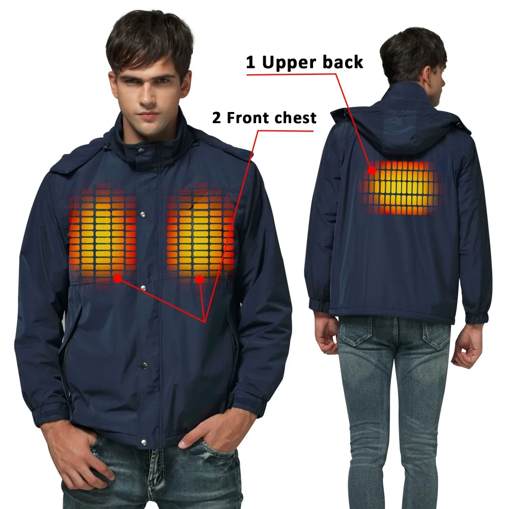 Mens Heated Jacket Warm Coat Winter with Detachable Hood /& Battery Pack Waterproof Windbreaker Jackets